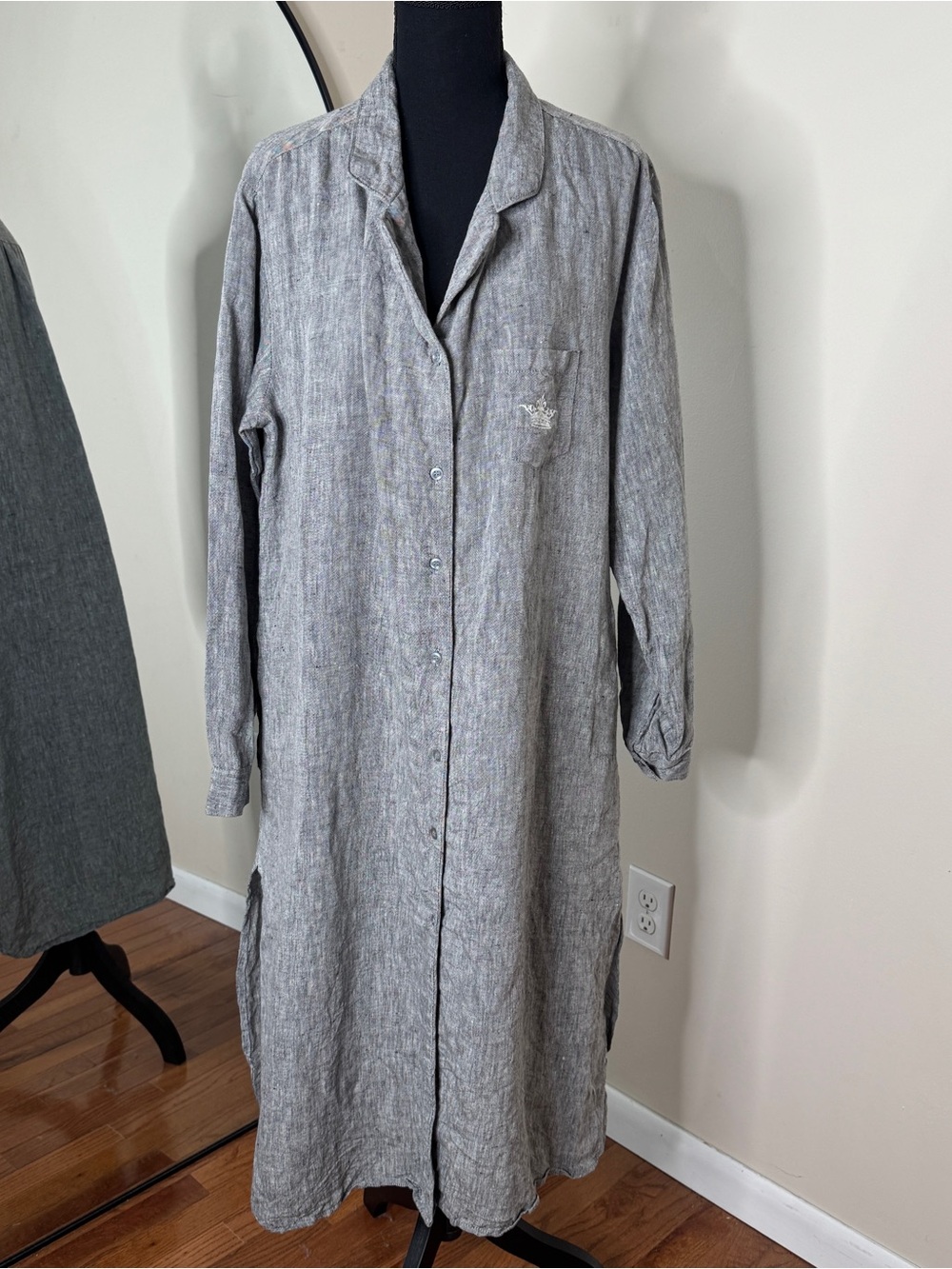 Crown Linen Designs 100% Linen Long Shirt Dress Button Front XL Gray
